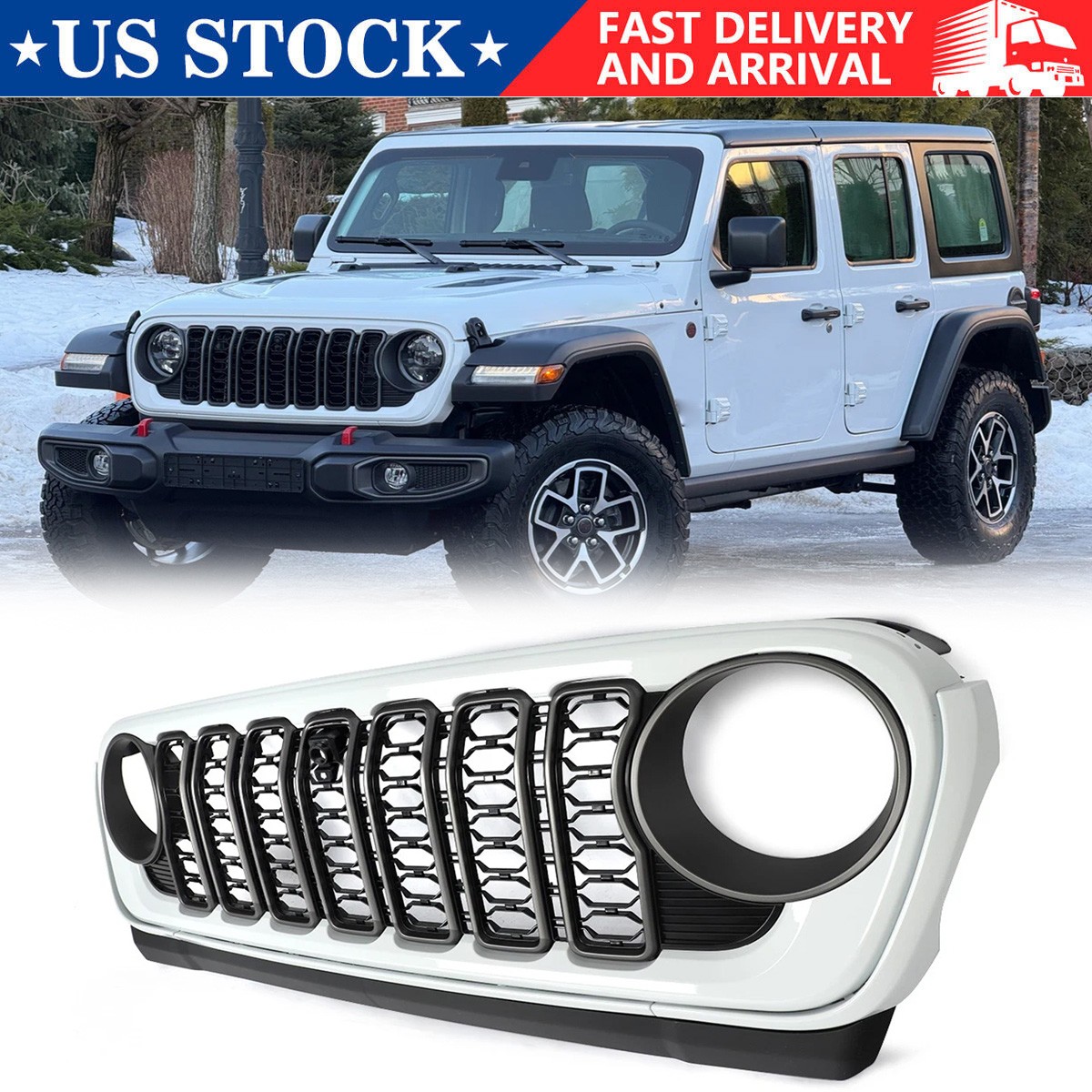 For 2018-2024 Jeep Wrangler JL Gladiator JT Grille W/ camera Hole Bright White
