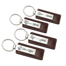 Stylish Mocha Brown Leather Keychain Personalize with Birth Month Flower Name