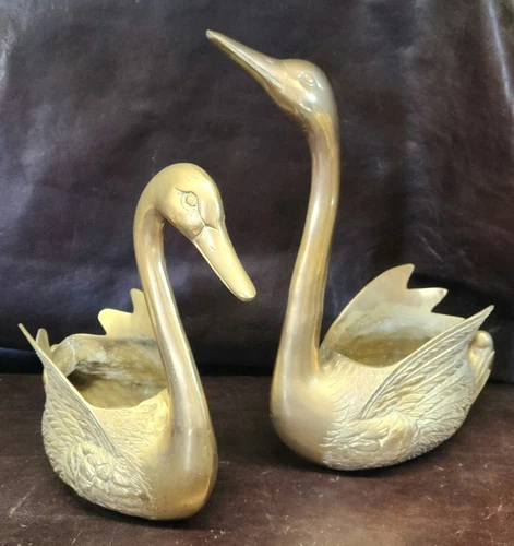 (2) Vintage MCM Brass Figural Swan Planters, 13.5" & 10.75" Tall, EUC