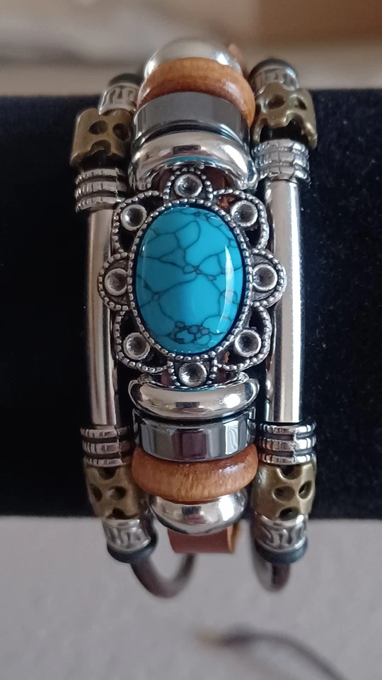 Прочный западный богемный браслет из нескольких нитей - искусственная бирюза + коричневая искусственная кожа - Изображение 2 из 3