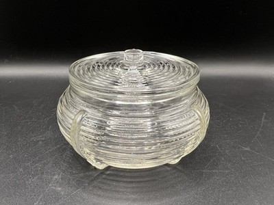 ART DECO Vintage Ribbed Footed Glass Powder Trinket Jar with Lid VG+++