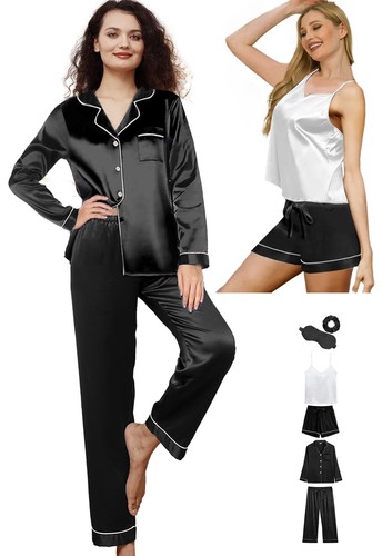 Women's 6-Piece Silk Satin Pajama Set – Long Sleeve PJs With Shorts, Pants, Eye Mask & Scrunchies - View #10