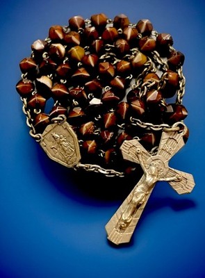 Vintage Catholic Coffee Stripe Painted Glass Petite  Rosary, SilverTone Crucifix