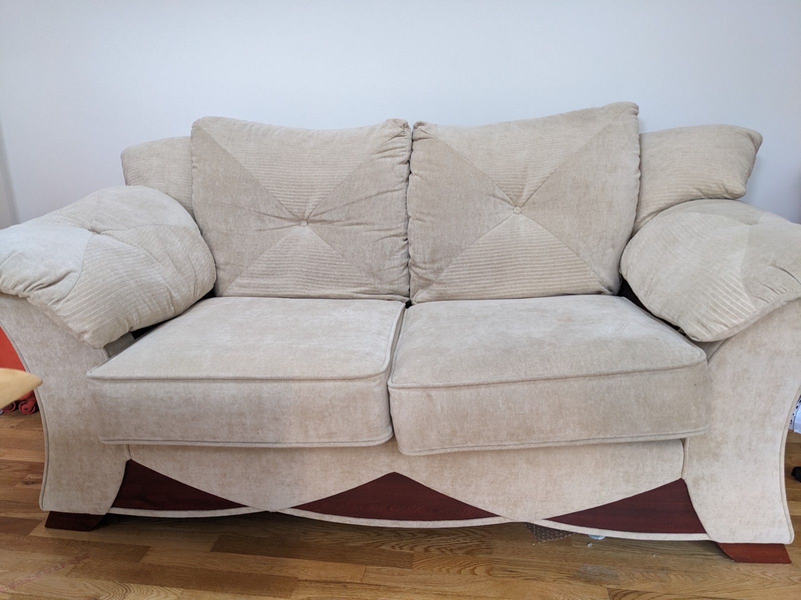 Fabric Cream Two Seater Sofa Super Comfortable With Side Cushions