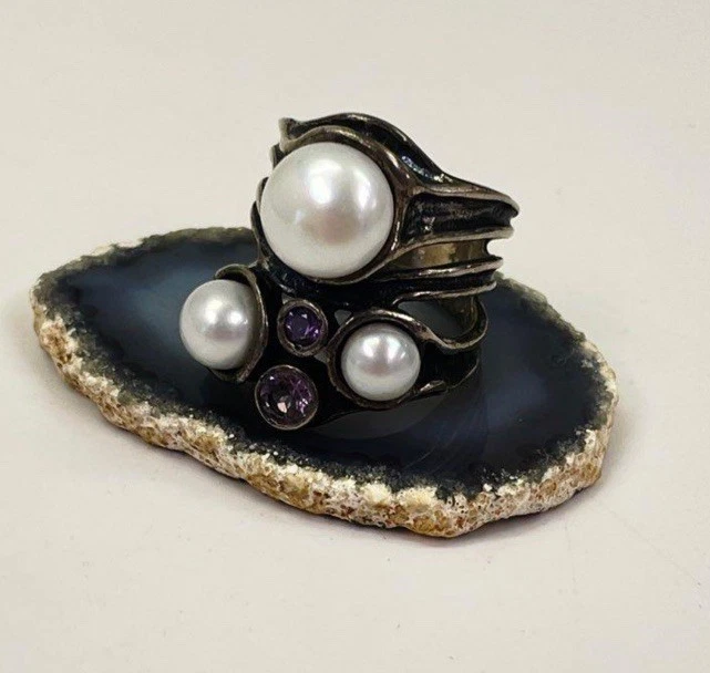 Banda ancha Shablool Didae perla y amatista talla 7 plata de ley Israel Foto 2 de 4