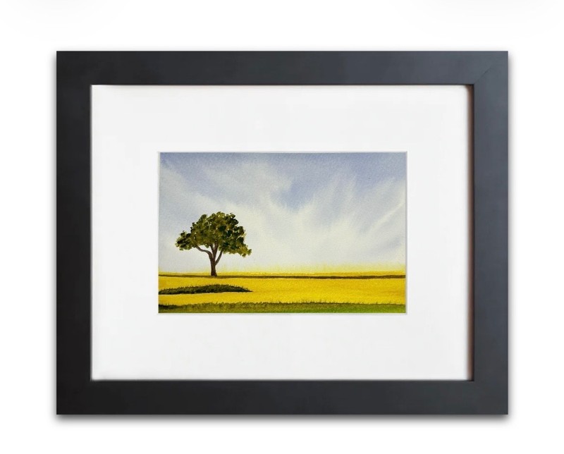 Original Watercolor Painting Yellow Flatland With Tree OOAK signed 5x7”