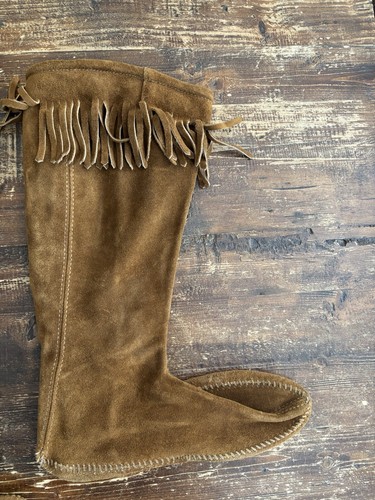 VTG Minnetonka Fringe Knee Tall Boot Moccasins Leather Brown Women's Size 8 - Picture 8 of 10