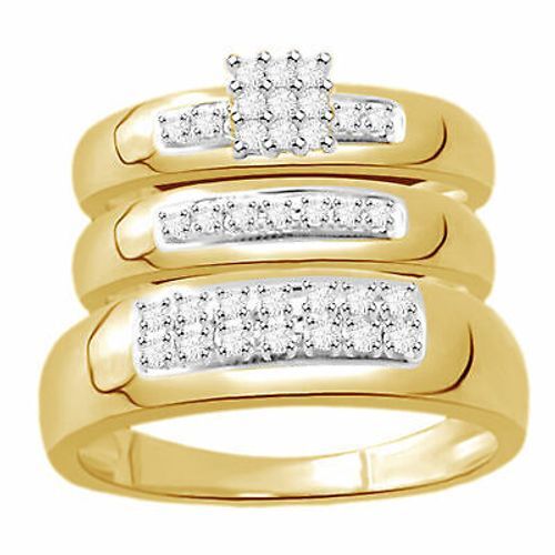 10KGold Plated 1/4 ct Diamond Engagement Ring Wedding Band Trio Set Unisex - Picture 5 of 6