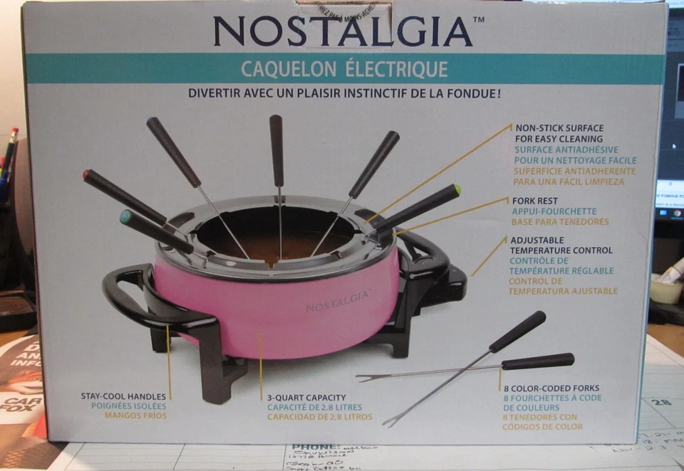 Juego de fondue eléctrica Nostalgia olla de chocolate y queso 8 tenedores pinchos codificados por colores Foto 3 de 4