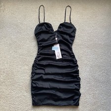 BNWT Oh Polly Dark Romance Black Satin Plunge Ruched Bodycon Mini Dress Size 8