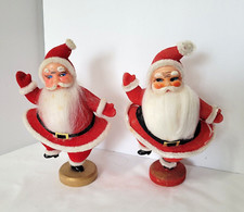 Vintage 2 Dancing Santas Red Flocked 7" Tall Complete Different Faces
