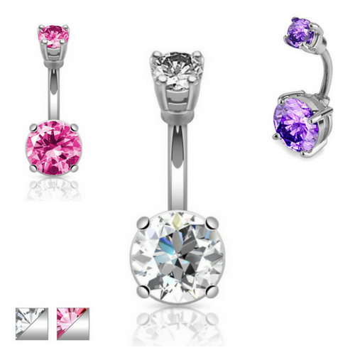 DOUBLE GEM PRONG SET BELLY BUTTON NAVEL RING PIERCING SURGICAL STEEL BARBELL 502 - Bild 2 von 4