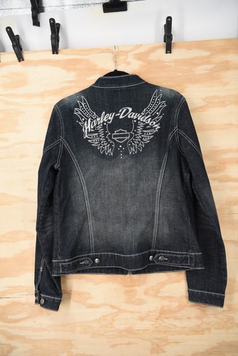 Vintage HARLEY-DAVIDSON Y2K Rhinestone Studded Embroidered Zip Denim Jacket Sz L - Picture 9 of 21