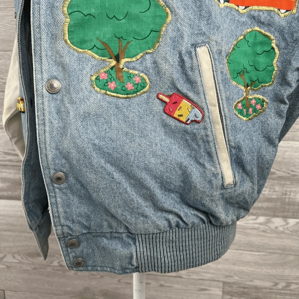 VINTAGE Rare Quaker Factory Denim Bomber Jacket Size L Patchwork Embroider 60's - Image 4 of 4