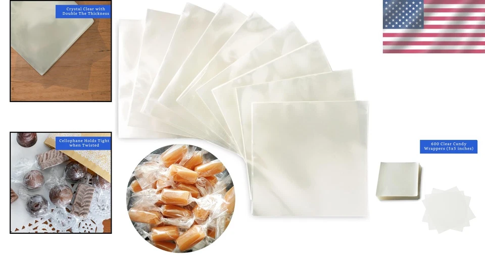 600 envoltorios transparentes de caramelos 5x5 pulgadas - celofán duradero para caramelos y piruletas Foto 2 de 4