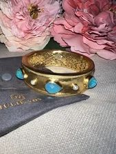 NEW Julie Vos Large Hinged Bangle Cuff Bracelet 24k Gold Plate Bahamian Blue NWT