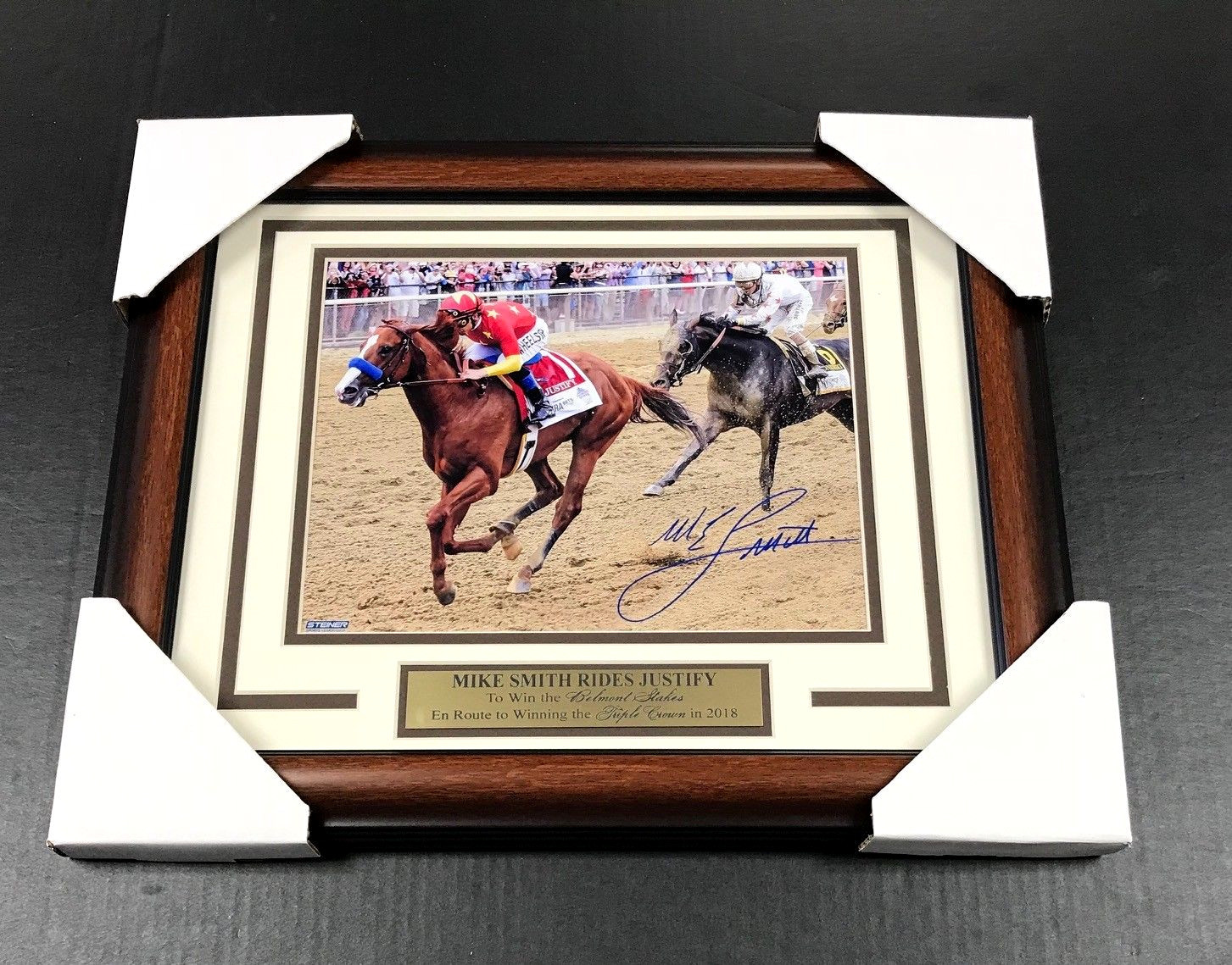 MIKE SMITH AUTOGRAPHED JUSTIFY BELMONT TRIPLE CROWN FRAMED 8X10 PHOTO STEINER 