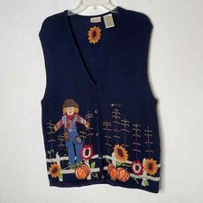 Bobbie Brooks Womens Fall Knitted Embroidered Sweater Vest Size Large Navy Blue