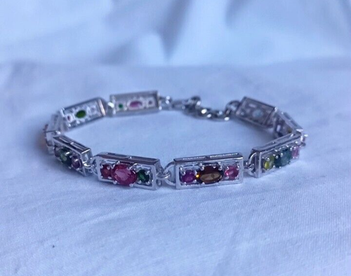 Pulsera rectangular de piedras preciosas ovaladas de turmalina de plata de ley 925 hecha a mano joyería - Imagen 7 de 14