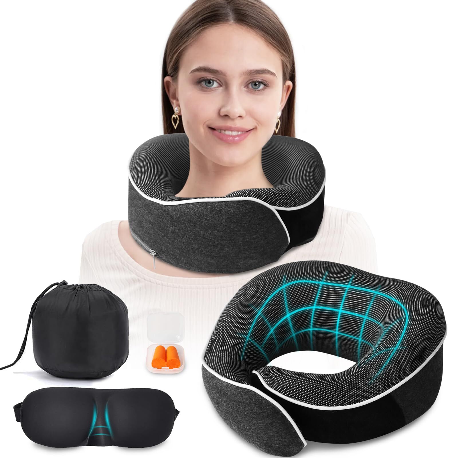 Travel Pillow,Upgraded 100% Memory Foam Neck Pillow for Traveling,Ergonomic D...-image