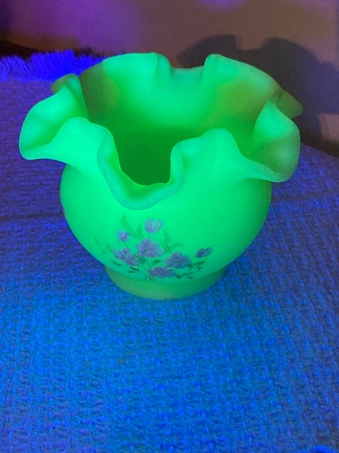 1970's Fenton Satin Custard Glass Crimped 4" Vase Hand Painted Floral Signed