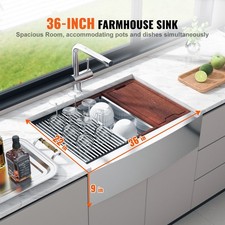 Farmhouse Sink 36in 304 Stainless Wood Board
