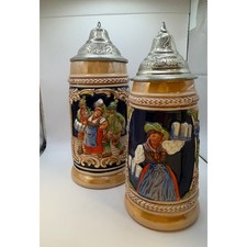 Lot 2 Vintage German Beer Stein Collectible Ceramic Pewter Lid Scene Hand Paint