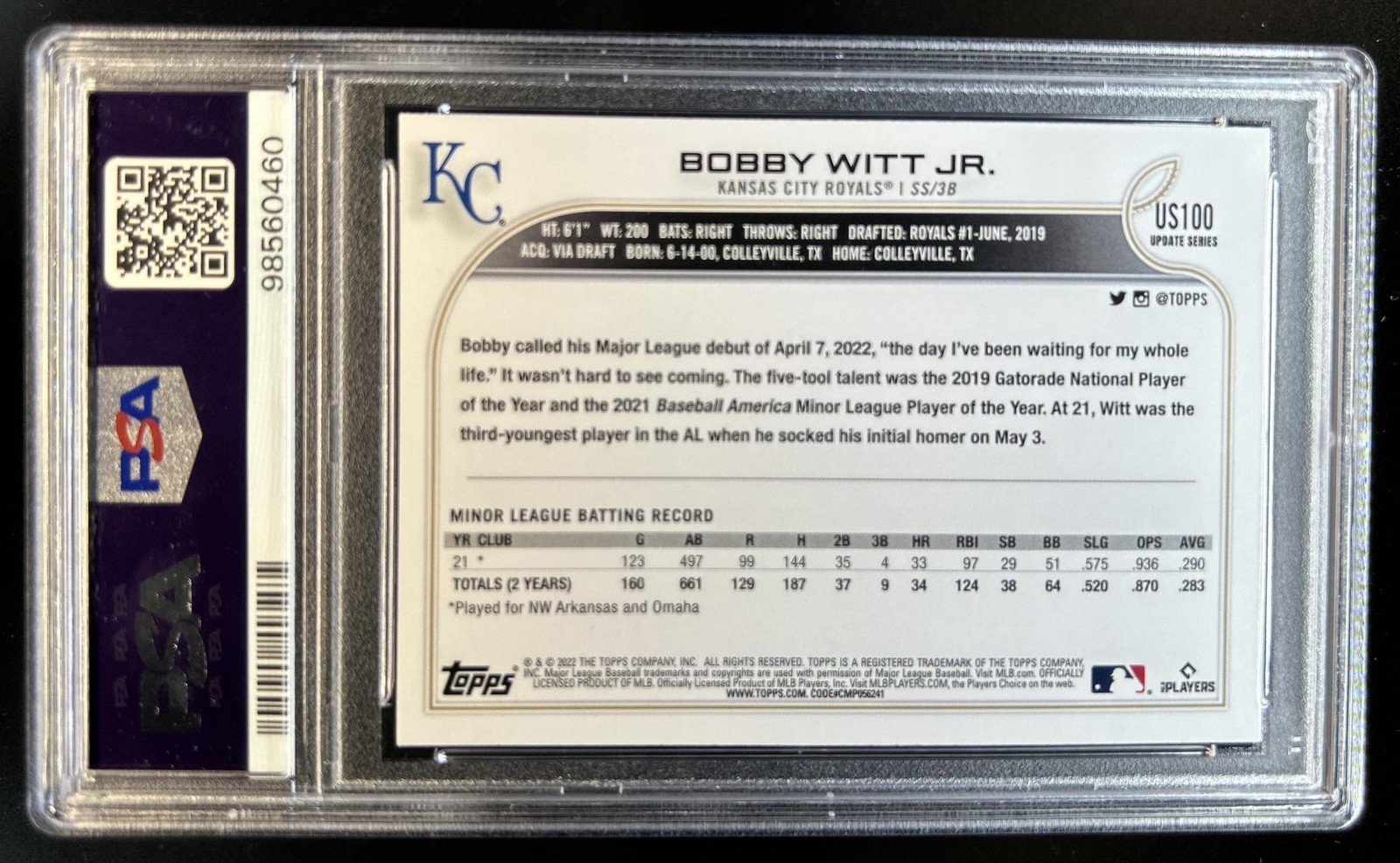 2022 Topps Update Bobby Witt Jr. RC Gold Foil Rookie #US100 Royals PSA 9 view 2