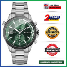 HUGO BOSS Globetrotter HB1513930 Green Dial Silver Strap Chrono Mens Watch 46mm