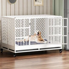 Snuowu Heavy Duty Dog Crate With Wheels Folding Metal Dog Cage White