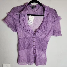 NWT Bebe XS Purple Lace Ruffle Smocked V Neck Short Sleeve Button Blouse Sheer