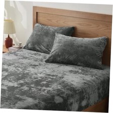 Velvet Fitted Sheet and Pillowcases Set, Luxury Soft Fuzzy Bottom Queen Grey