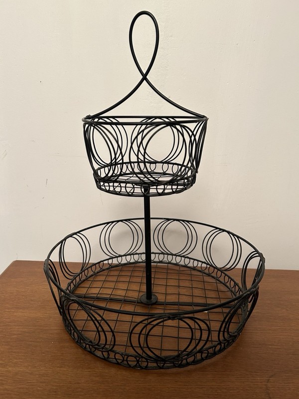 Vintage Style Two-Tier Black Wire Basket Stand | Farmhouse Kitchen Organizer