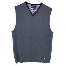 Gray Vintage Tommy Hilfiger Knit V-Neck Sweater Vest Medium 90s Cotton Big Flag