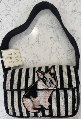 Brand new Sol and Mer Women s Small Striped Beaded Shoulder Bag French Bulldog.