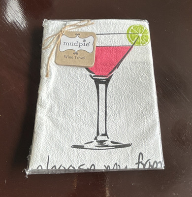 Mud Pie Embroidered Cotton Wine Tea Towel, Martini Glass & Lime, White/Pink