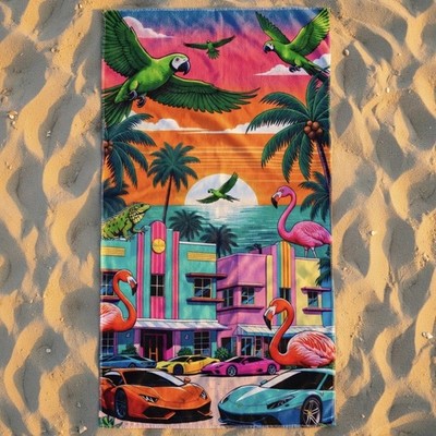Neon Miami Beach Towel - Art Deco Flamingo Palm Tree Sunset South Beach