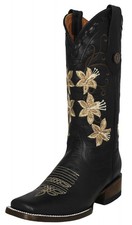 Womens Western Rodeo Boots Black Square Toe Cowgirl Leather Floral Embroidery