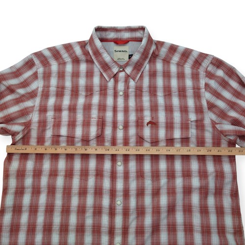 Simms Pearl Snap Button Up Fishing Shirt Men L Vented Burgundy Red Plaid Western - Picture 12 of 16