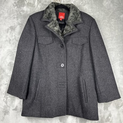 Vtg 90's ESPRIT Pea Coat Jacket Women's Size XL Grey 100% Wool Faux Fur Collar