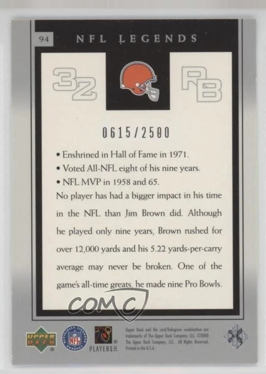2000 Upper Deck Legends Century Legends /2500 Jim Brown #94 HOF - Image 2 of 2