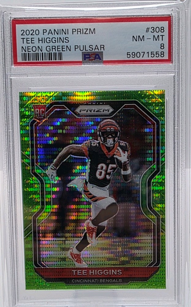Tee Higgins 2020 Panini Prizm Football Neon Green Pulsar Prizm RC #308 psa 8