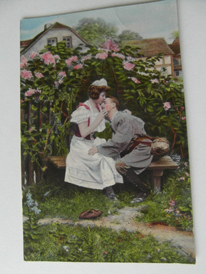 Artist postcard must be etc pair, bench, houses, trees, flower bushes not used