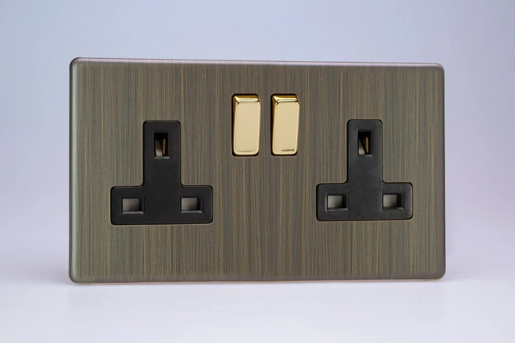 13A Socket Brass 2-Gang 2 Pole Urban Screwless Antique + Black/Brass Insert