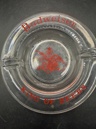 Vintage Budweiser King Of Beers Red/Clear 5" Glass Cigarette Promo Ashtray