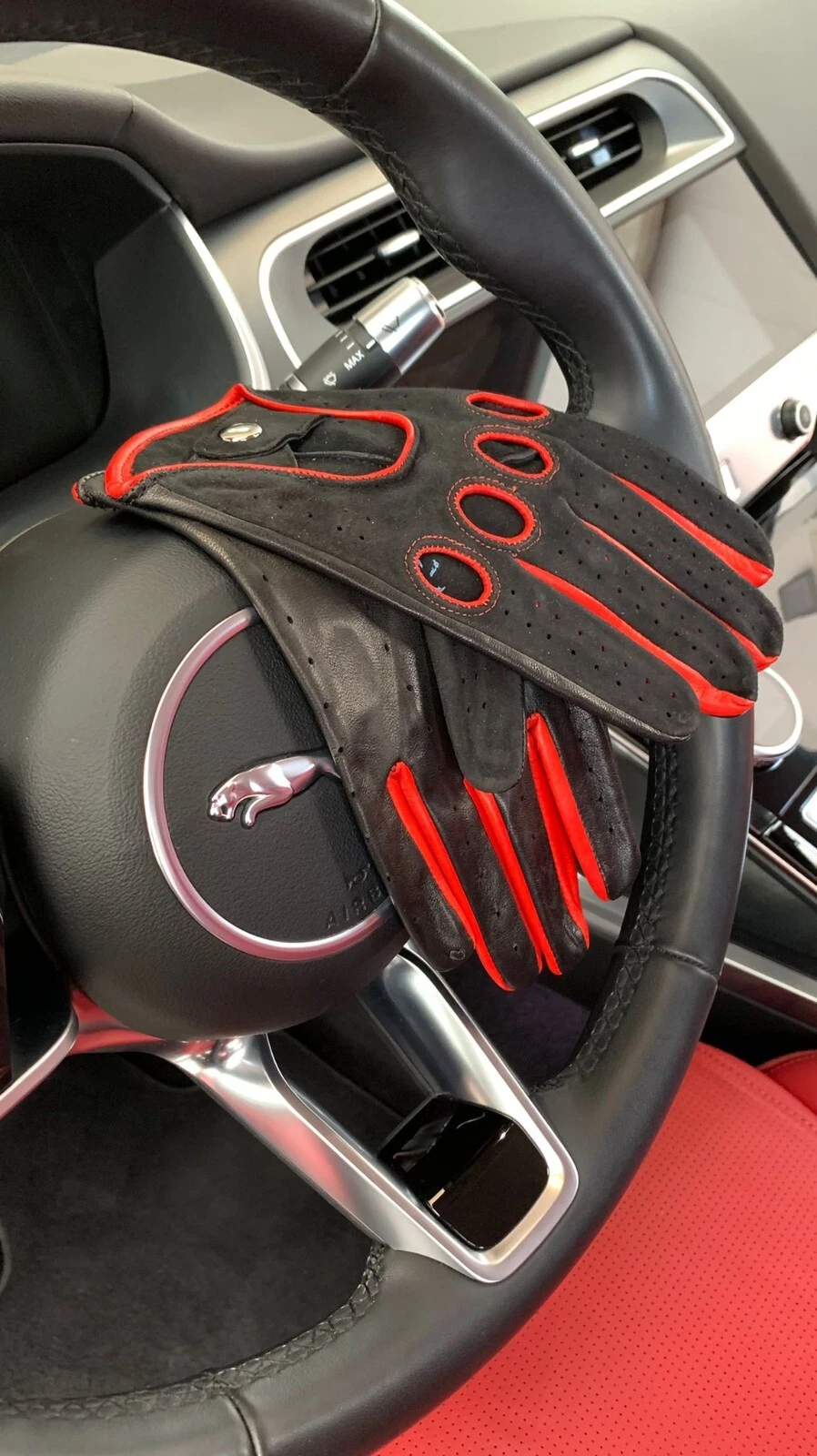 Black & Red Handmade Women's Driving Leather Napa & Nubuck Gloves