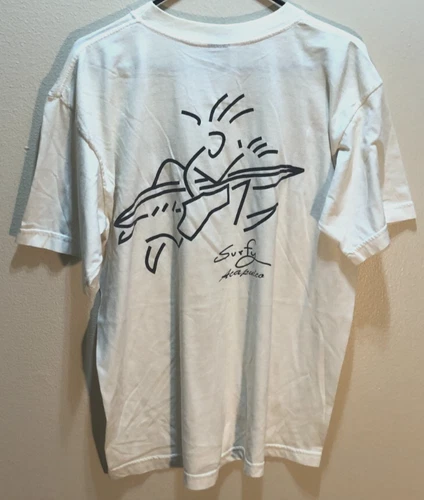 Surfy Acapulco Vintage 90s Surfer Surfboard Beach Waves Cream White T-Shirt M