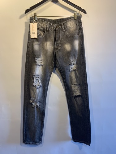 LZLER Mens Distre Jeans, Black Slim Fit Straight Leg Denim Pant 28x31