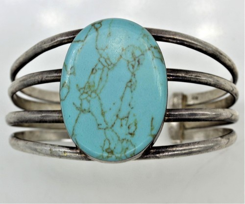 925 STERLING SILVER TAXCO turquoise cuff bracelet vintage huge 49.5 grams - Picture 8 of 13