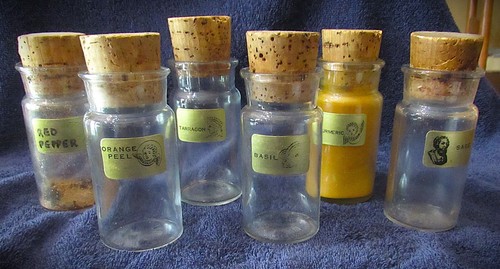 6 Clear Glass Apothecary Spice Jars M.B.W. MILLVILLE with Cork Stoppers